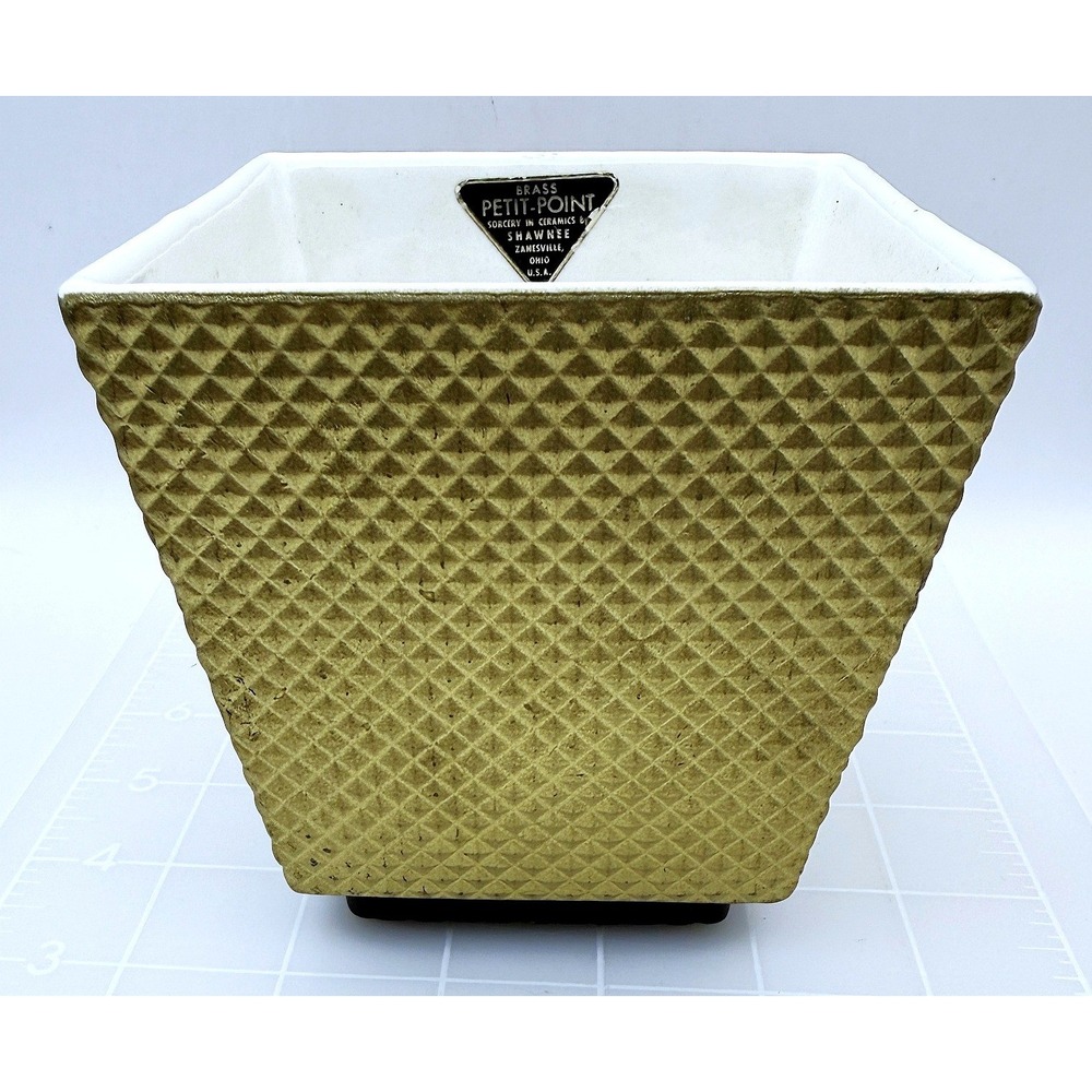 50s Shawnee Pottery Petit-Point Black Gold Sq Planter, Labels Hollywood Regency
